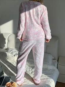 SANRIO 2件套卡通印花毛绒爱心舒适女士睡衣套装 - 粉色 - 查看 9