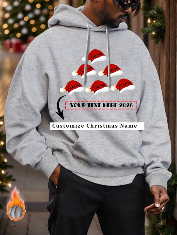 Customized Autumn Winter Personalized Men's Family Numbers Christmas Hat Hoodie Sweatshirt - Add Your Text/Name (Family Name/Selfie Name/Pet Name/Friend Name/Lover Name/Girlfriend Name) For Couples For Family For Pet For Star For Husband Or Boyfriend Or Girlfriend,Birthday Present And Party)For Birthday Gift,Anniversaries, Or Holidays, Christmas Gift, Long Sleeve Top