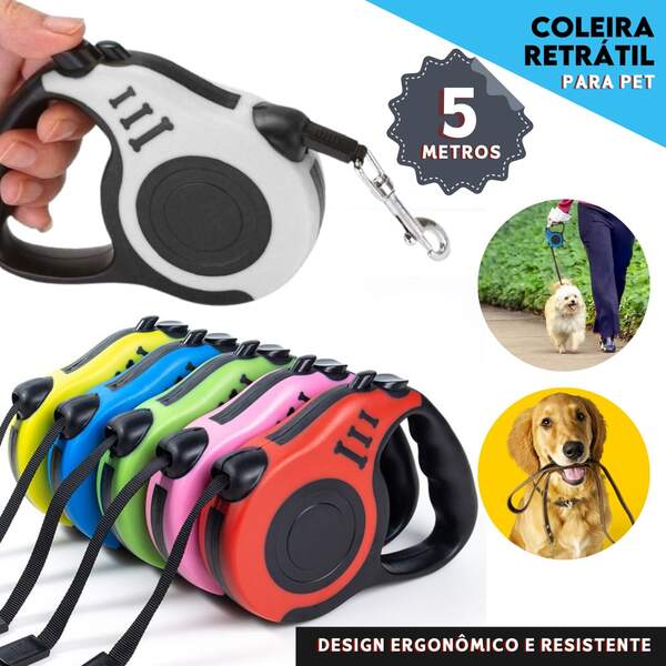 NYBC Coleira Pet 5 Metros Guia Retrátil Com Trava Resistente e Segura Para cães e Gatos - Vermelho