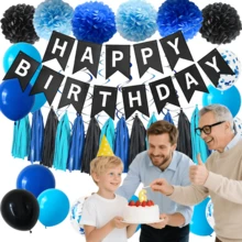 藍色與黑色生日派對裝飾，生日裝飾，生日派對裝飾，藍色氣球，生日快樂橫幅，適合男性的生日快樂派對裝飾，適用於萬聖節、退伍軍人節、感恩節、聖誕節 - 藍黑派對套 - 查看 10