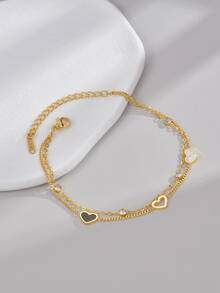 1 件不锈钢心形和贝壳设计女士双层手链，简约风格情人节、妈妈、母亲、母亲节、礼物 - 金黃色 - 查看 7