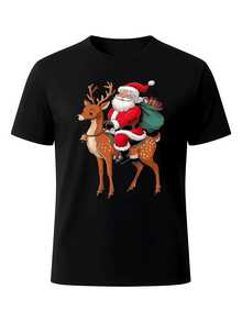 Camiseta masculina de manga corta con estampado navideño de reno y figura festiva, diseño alegre y cómodo para fiestas, ocasiones casuales y regalos especiales - Negro - Ver 2