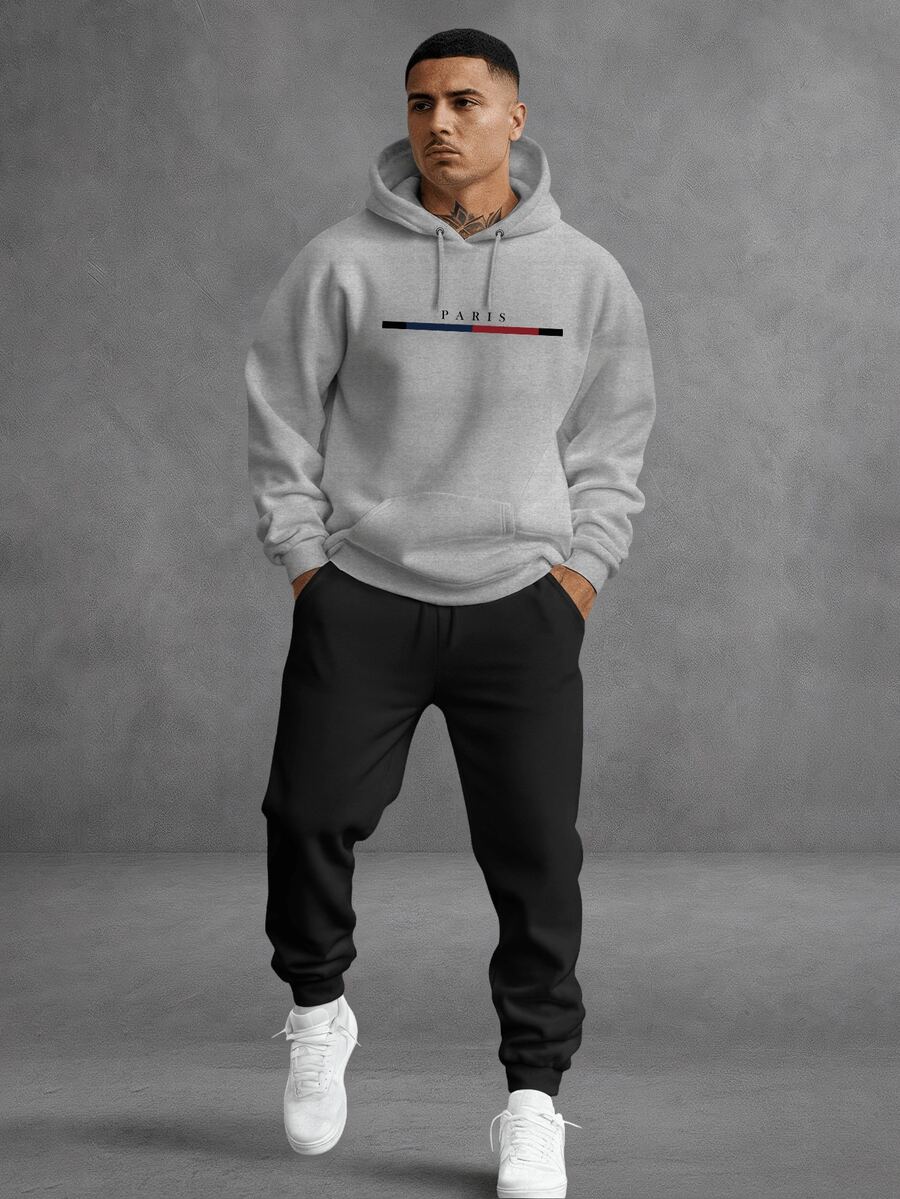 Unisex Paris Print Sweatshirt Set, Hoodie, Pants And Kangaroo Pocket Top - Xám - Xem 1