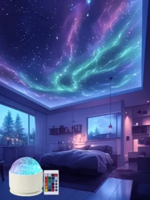 1个极光星空投影灯，带遥控器，7种可调节灯光效果 - 非常适合露营、卧室装饰、婚礼、节日派对、情人节礼物、家居装饰、露营配件 | 奇幻主题装饰 | USB供电投影仪，房间装饰 - 彩色 - 查看 1