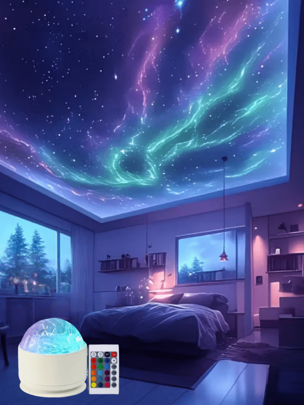 1个极光星空投影灯，带遥控器，7种可调节灯光效果 - 非常适合露营、卧室装饰、婚礼、节日派对、情人节礼物、家居装饰、露营配件 | 奇幻主题装饰 | USB供电投影仪，房间装饰
