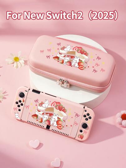 1pc Pink Bow & Strawberry Rabbit Design Protective Case/Game Card Holder/Dock Cover For Nintendo Switch2 (2025)/Switch/Switch OLED/Switch Lite, Compatible With Detachable Joy-Cons, Best Gift For Switch Gamers