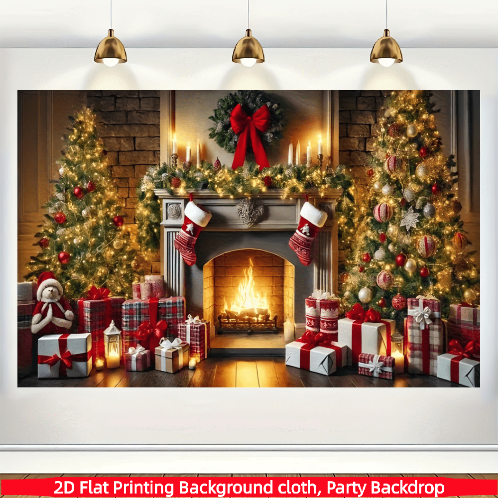 1pc Christmas Fireplace Backdrop, Polyester Material, Christmas Stocking & Fireplace Christmas Holiday Background, Suitable For Christmas Merry Entrance Decor, Holiday Party, Photography Props, Wall Decor Background, Garden, Patio, Indoor/Outdoor Curtain Decor, Outdoor Events, Anniversary, Theme Party, General Celebration