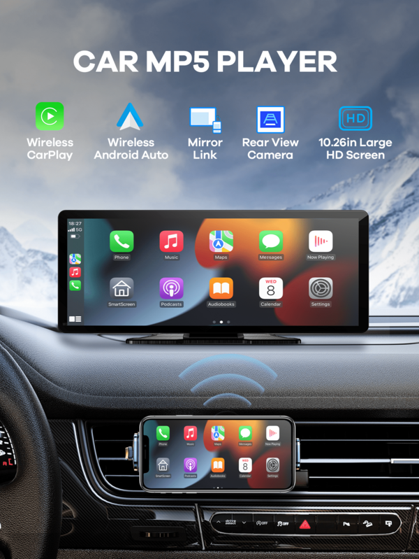 REMAX Reproductor multimedia para automóvil de 10.26 pulgadas con Carplay inalámbrico y Android Auto inalámbrico, monitor de automóvil portátil universal con cámara, reproductor de MP5 para automóvil, Carplay para Fiat 500, Plug and Play Carplay, opción clásica estable