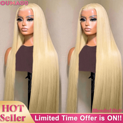 613 金色直发假发 13x4 高清蕾丝前假发 180% 密度巴西处女混合发骨直发假发 女士无胶假发 预拔婴儿发 自然发际线 柔软自然外观 万圣节假发