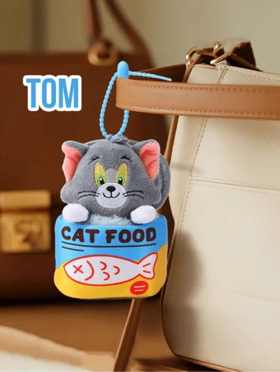 Classic Tom Cat from Tom & Jerry "CAT FOOD" Can Plush Keychain - Soft Grey Plush with Pink Inner Ears, Yellow Eyes & White Paws, Emerging from Blue-Yellow Can ("CAT FOOD" Text + Red Fish Print), Blue Elastic Strap, Paired with Jerry's Cheese Cans, Cans, Canons/