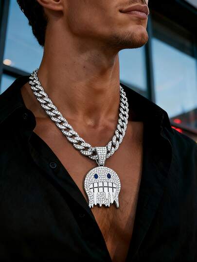 1pc Stylish Alloy Hip-Hop Face Expression Pendant Necklace With  Chain For Daily Wear