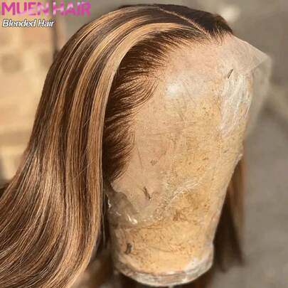 Peluca de encaje frontal de 34 pulgadas con densidad del 200%, cabello mixto, bob corto liso de alta definición de 13x4, peluca de encaje frontal ombre rubia miel recta de 8-34 pulgadas, adecuada para uso diario, peluca de encaje frontal recta de 4x4/5x5 sin pegamento, con línea de nacimiento natural pre-cortada y pre-arrancada, con cabello de bebé