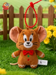 Officially Licensed Tom & Jerry Gingerbread Jerry Plush Keychain – Brown Furry With Pink Ears, Black Eyes & Red Bowtie, White Frosting Edges & Green/Red Buttons, Red Webbing Strap, 11cm/4.33inch Compact Size, Ideal For Bag Charms/Key Fobs, Cartoon Collectors & Animation Fans - Jerry the Gingerbread Man - View 3