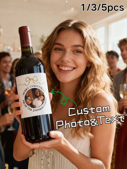 1pc/3pcs/5pcs Personalized Custom Wine Labels – Photo Stickers With Bow Ribbon Design, Custom Name & Text Labels For Bridesmaid Proposal, Wedding, Engagement & Anniversary Gifts, Christmas Holiday Party Wine Bottle Decorations, Tequila Whiskey Champagne Bottle Decals, Graduation 2025 Celebration Stickers, Mother's Day & Father's Day Gifts, Elegant Personalized Home Bar Decor, Unique Custom Gift Idea For Her, Bride, Groom, Friends & Family