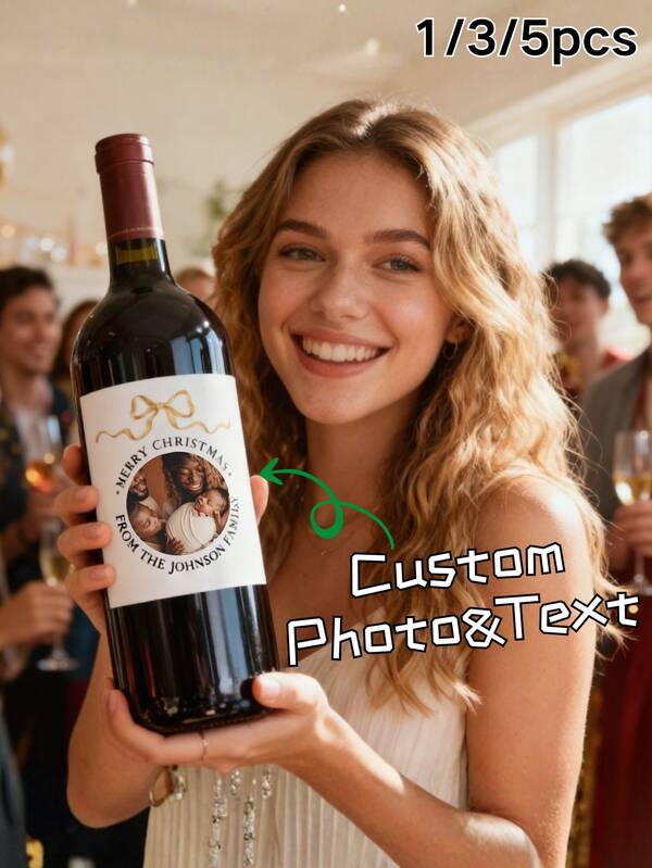 1 peça/3 peças/5 peças de rótulos de vinho personalizados – adesivos com foto e design de laço, rótulos personalizados com nome e texto para pedido de casamento de madrinha, presentes de casamento, noivado e aniversário, decorações de garrafas de vinho para festas de Natal, decalques de garrafa de champanhe com tequila e uísque, adesivos para comemoração da formatura de 2025, presentes para o Dia das Mães e Dia dos Pais, decoração elegante e personalizada para bar em casa, ideia de presente personalizada exclusiva para ela, noiva, noivo, amigos e família