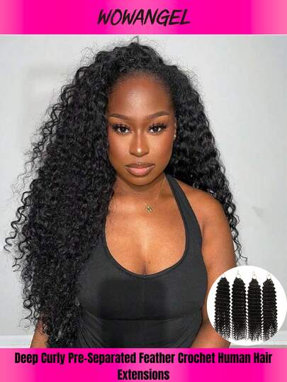 WOWANGEL 160g/Pieza Extensiones de cabello de 100% cabello humano Remy virgen con nudo invisible, pre separadas, sin nudos, de onda profunda, estilo pluma, rizado, línea de pluma, con bucle para trenzar, color negro natural, para mujeres, de 14 a 24 pulgadas