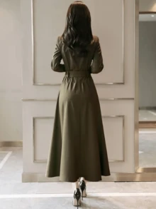 Elegant Solid Color Front Button Pocket Belted Long Dress