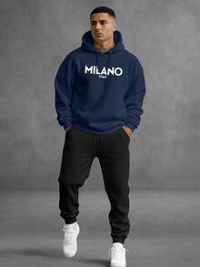 Unisex Printed Milano Italy Sweatshirt Set, Hoodie, Pants And Kangaroo Pocket Top - 藏蓝色 - 查看 1