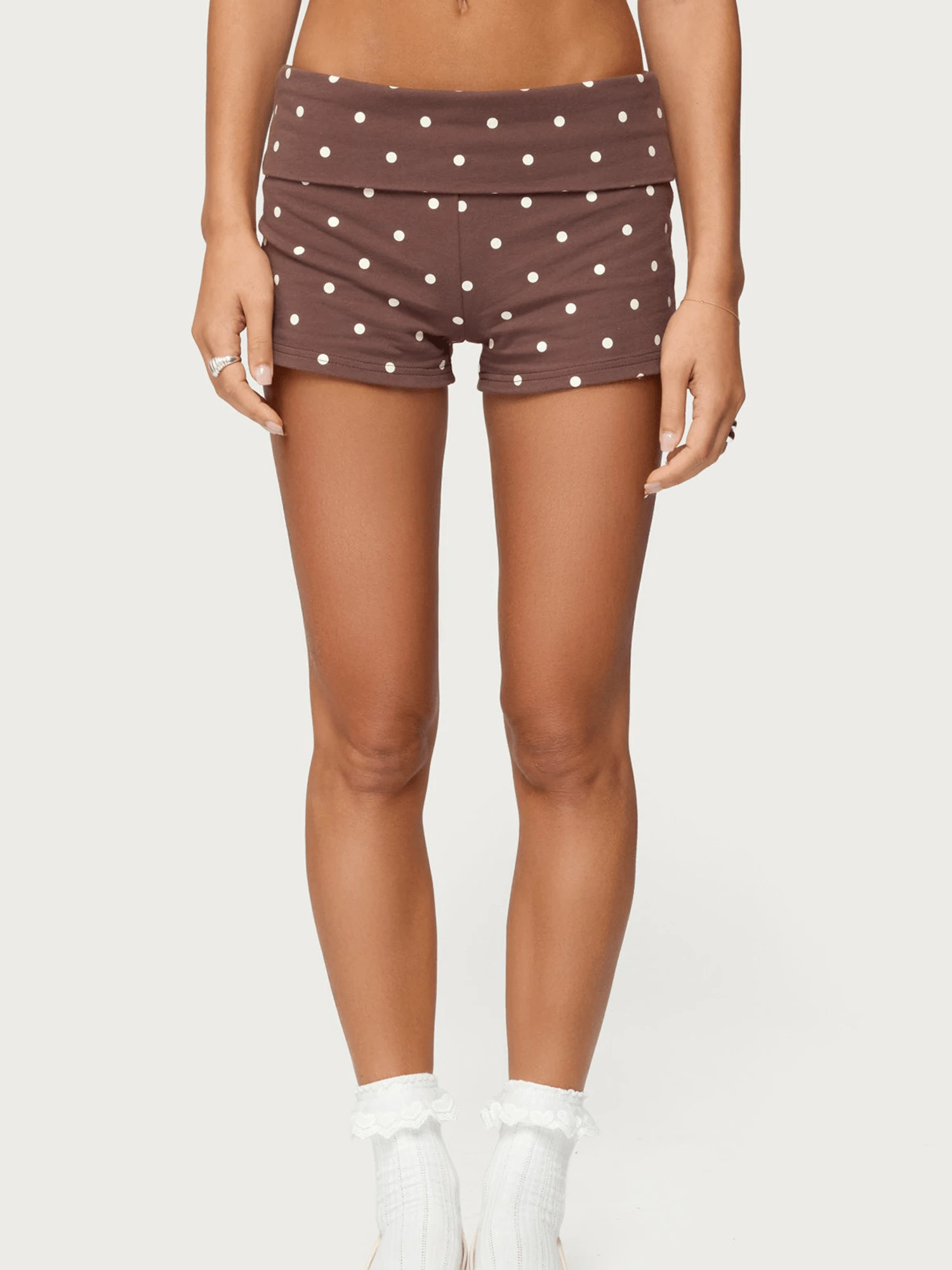 Women Y2K Low Rise Foldover Polka Dot Mini Yoga Micro Shorts Fold Over Bottoms Pajama Pj Short - màu nâu - Xem 1