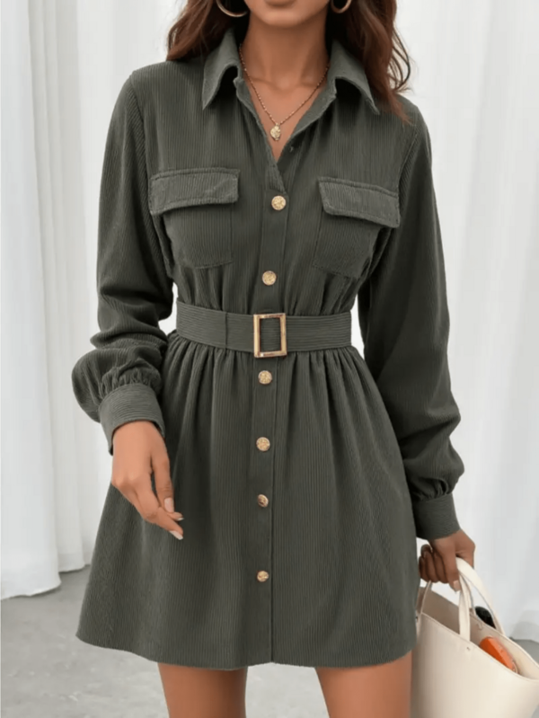 Women's Casual Solid Color Front Button Pocket Belt Shirt Dress