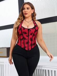 Apperloth A 加大码狂欢节美拉德天鹅绒花卉刺绣佩斯利印花系带露背连体短款上衣黑色 - 黑色 - 查看 4