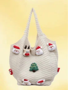 1pc, Versatile Fashion , High-Value Niche Design, Hand Bill Of Lading Shoulder Tote Bag, Contrast Knitted Fabric, Multi-Color Optional Large-Capacity Fan-Shaped Bag For Santa Claus Christmas Tree Deer Decoration, Suitable For Ladies' Daily Commuting And Shopping Occasions.