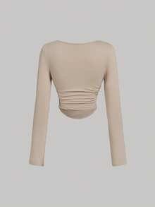 3pcs Women Pleated Casual Square Neck Long Sleeve T-Shirt Set, Warm Clothing, Autumn Womens Wear, Outerwear, Holiday Womens Outfit, New Year, White Top - Multicolor - View 7