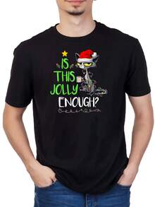 Camiseta masculina con estampado divertido de gato navideño con luces de colores, diseño moderno y cómodo para fiestas, ideal para regalo informal de invierno - Negro - Ver 1