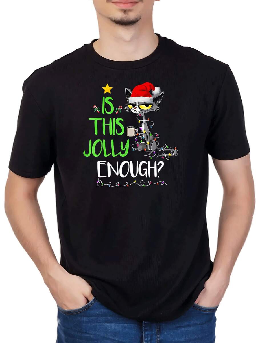 Camiseta masculina con estampado divertido de gato navideño con luces de colores, diseño moderno y cómodo para fiestas, ideal para regalo informal de invierno - Negro - Ver 1