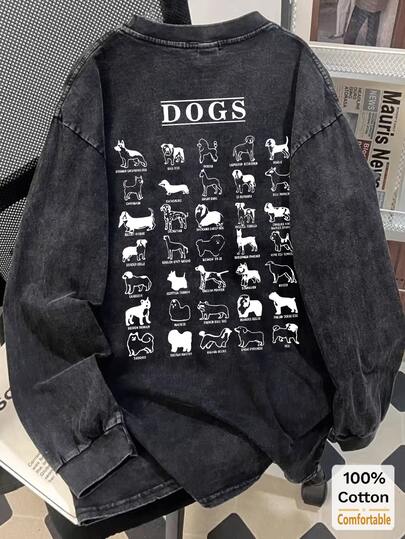 女士超大款复古黑色水洗棉长袖T恤，卡通狗字母印花，宽松显瘦设计