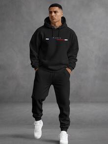 Unisex Paris Print Sweatshirt Set, Hoodie, Pants And Kangaroo Pocket Top - màu đen - Xem 1