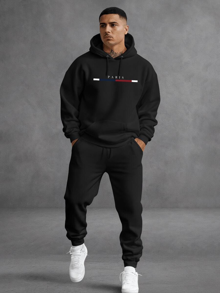 Unisex Paris Print Sweatshirt Set, Hoodie, Pants And Kangaroo Pocket Top - màu đen - Xem 1