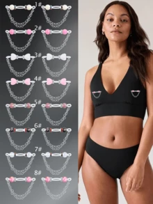 CIZME 1 对可爱仿珍珠乳环非穿孔乳头环适用于女性，假乳头环带心形链假乳头环可调节假乳头环