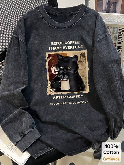 女士超大复古黑色长袖T恤，黑猫印花，宽松显瘦设计