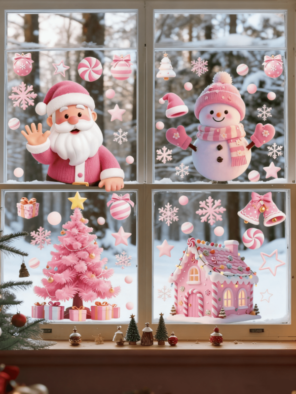 121pcs/Set Pink Christmas Static Cling Window Stickers, Randomly 2pcs Double-Sided Christmas Stickers, Pink Snowflake Static Glass Stickers, Reusable Santa Claus, Snowman, Snowflake, Reindeer Decorative Stickers, Suitable For Home, Shop, Holiday Party Decoration, Easy To Apply And Remove, Window Stickers With Double-Sided Christmas Stickers