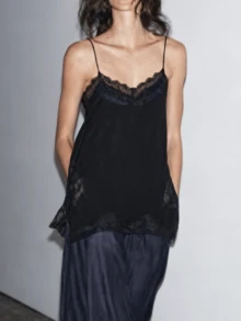 Women's Y2K Lace Trim Side Slit Cami Top Spaghetti Strap Casual  Blouse For Summer Daily Streetwear Date - 黑色 - 查看 5