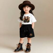 Conjunto Infantil Para Meninas Camiseta de Algodão e Short Moletom Uso e Flor Material Premium Conjunto Infantil Para Menina - Branco/Preto - Visão 1