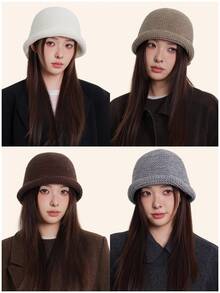 1 件纯色出售毡软呢帽爵士帽冬季新款奢华品牌渔夫帽女士户外保暖天鹅绒格子优雅时尚羊绒羊毛盆栽毛绒渔夫帽巴拿马帽批发秋季 - A - 查看 15