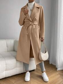 秋季女士翻领双口袋腰带长款女式外套 - 卡其色 - 查看 6