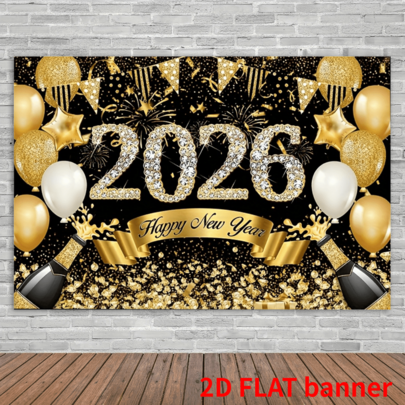 2D平面设计，优雅的黑金2026新年除夕派对横幅，带有数字气球和烟花图案，闪亮的金黑色涤纶背景
