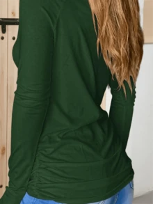 Fisoew Women's Long Sleeve Thumb Hole T Shirt Crew Neck Plain Design Casual Ruched Tee Top - màu xanh lá - Xem 2
