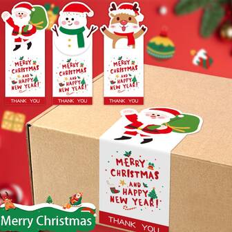 50张圣诞节长方形贴纸，礼品盒封口贴纸，驯鹿、雪人、圣诞老人装饰贴纸，礼品飞机盒包装标签