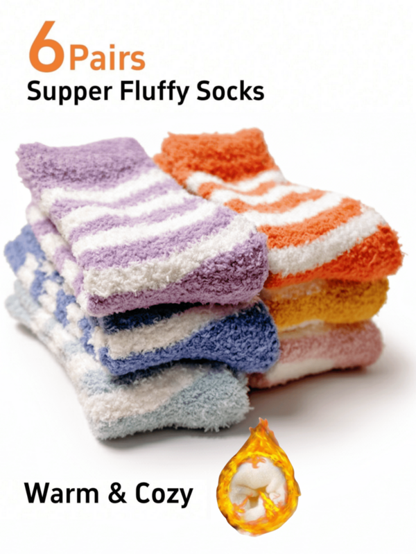 6 paires de chaussettes de chaussons doublées thermiques douces et moelleuses, cadeaux de bas de Noël chauds d'hiver pour femmes, automne