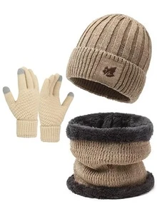 3 件套冬季保暖针织羊毛内衬手套、帽子和围巾套装，适合寒冷天气，男女通用针织帽围巾套装，防风耳罩帽围巾手套保暖套装 - 彩色 - 查看 8