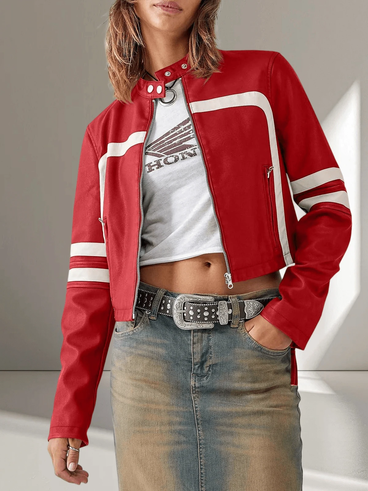 Women's Faux Leather Jackets Zip Up Stand Collar Cropped Viral Must-Have PU Coats Christmas Gift & New Year Gift - 紅色 - 查看 1