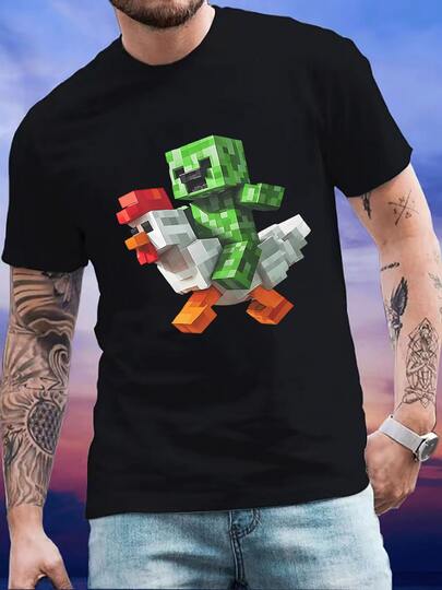 Camiseta Hombre Estampada con Diseño Divertido Creeper a Caballo de Pollo,Estilo Casual y Original para un Look Único.