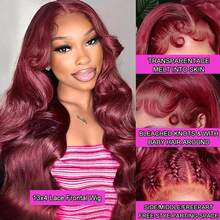 28 Inch 99j Burgundy Lace Front Wigs Human Hair 200% Density Body Wave Frontal Wigs Human Hair 13x4 HD Lace Glueless Wigs Human Hair For Women Wine Red Virgin Human Hair Wig - Burgundy - View 4