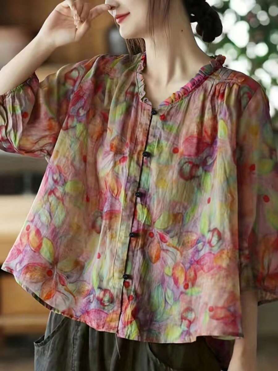 女士全印花纽扣门襟荷叶边休闲宽松衬衫上衣 - 彩色 - 查看 1