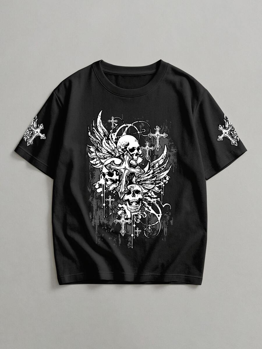 Basic Gothic Skull And Cross T-Shirt Men's Shirt - màu đen - Xem 1