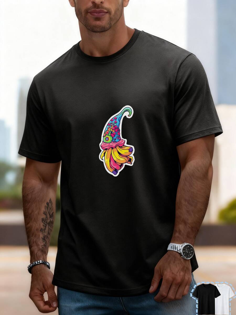 Camiseta Versátil Impresa para Hombres, Manga Corta de Algodón Puro Impresa, Amigable con la Piel, Transpirable, Versátil para Estilo de Calle, Aspecto Refrescante - Negro - Ver 1